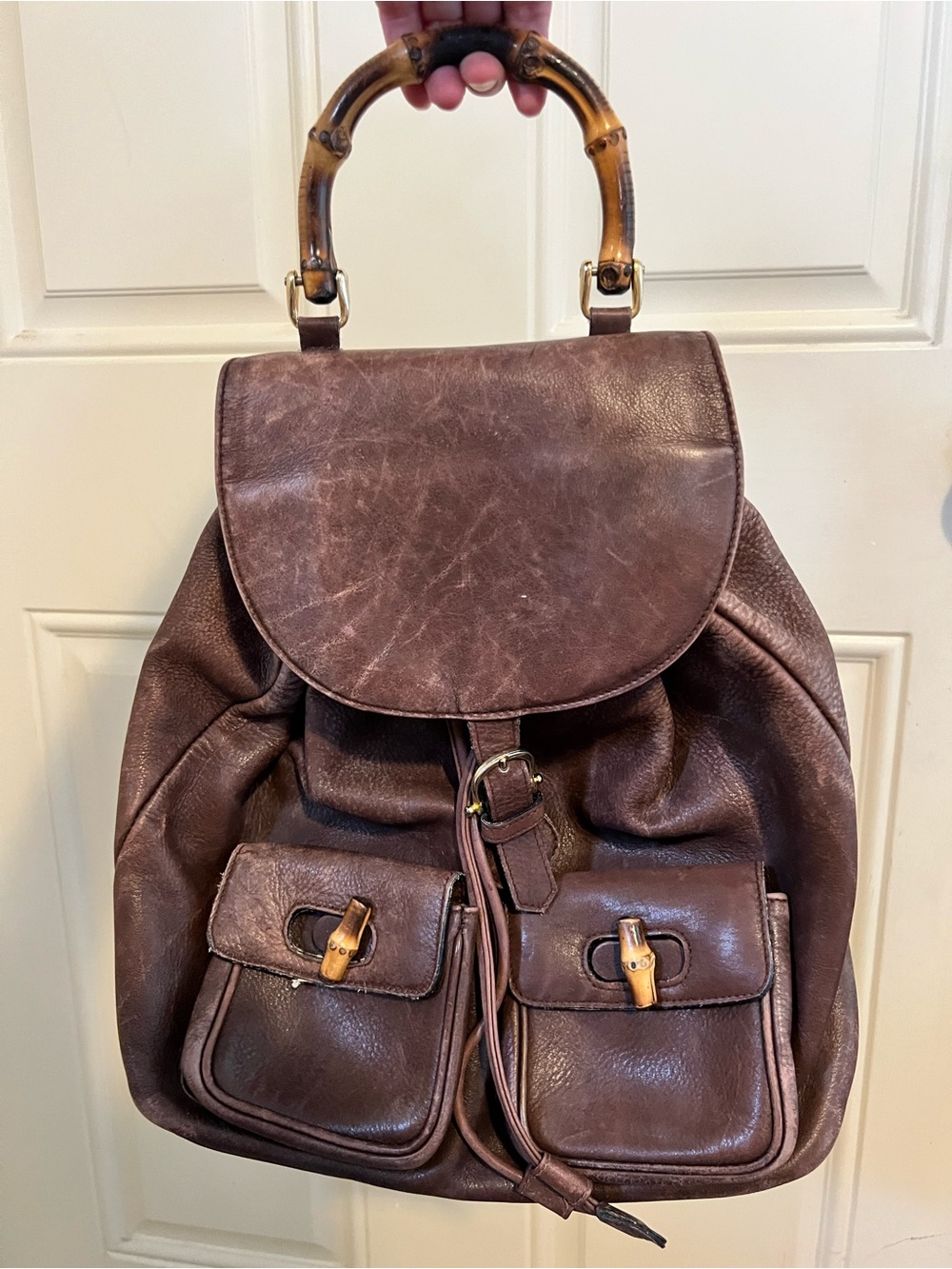 SISO Brown Leather Backpack with Bamboo Top Handle